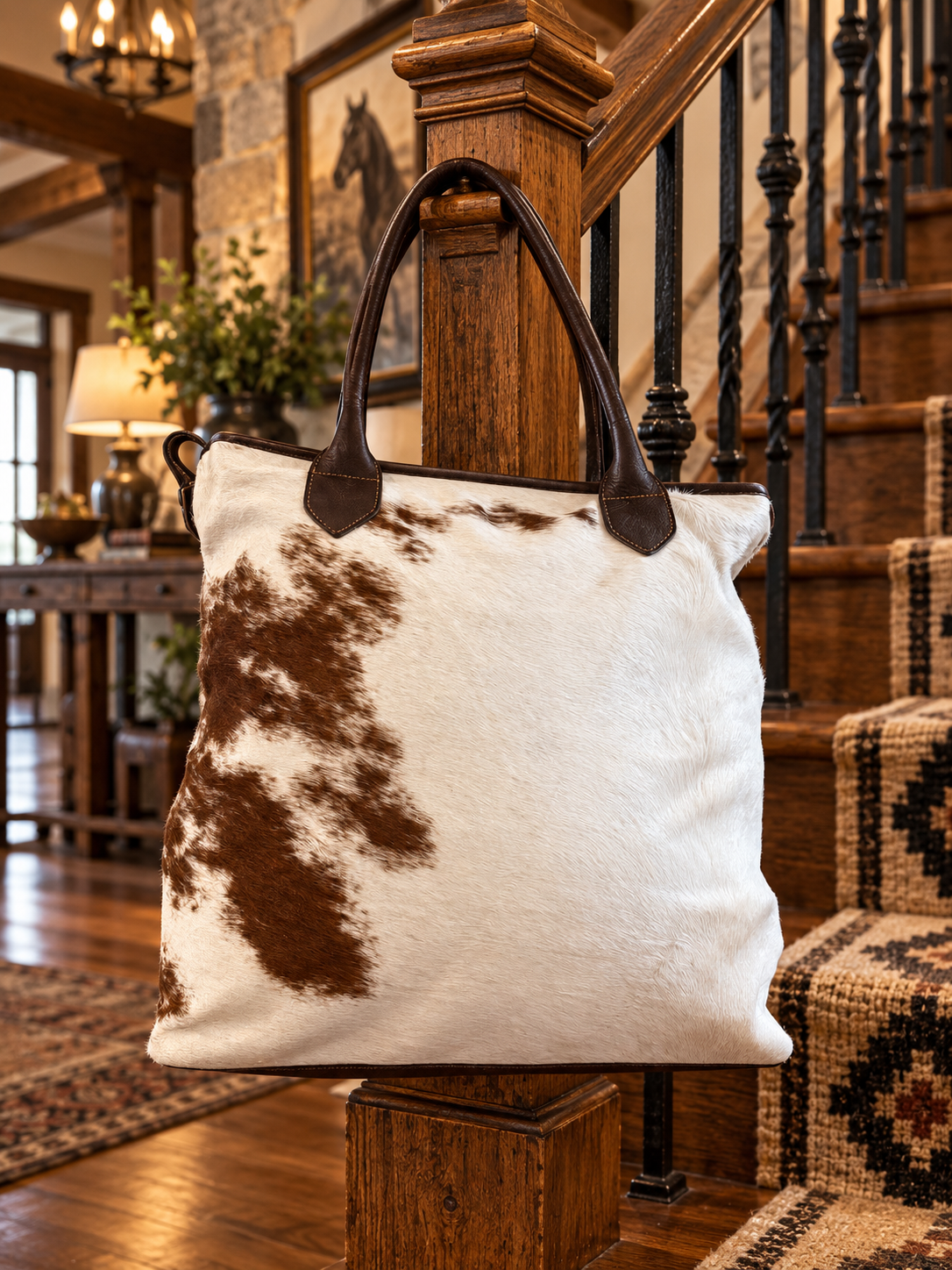 Wellington Tote - Brown & White Cowhide