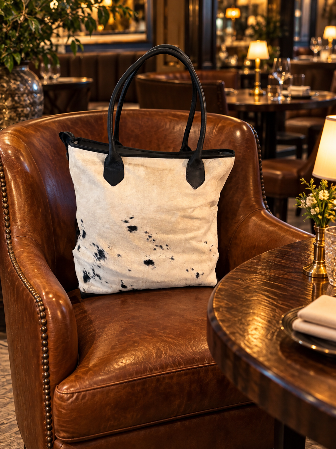 Wellington Tote - Black & White Cowhide
