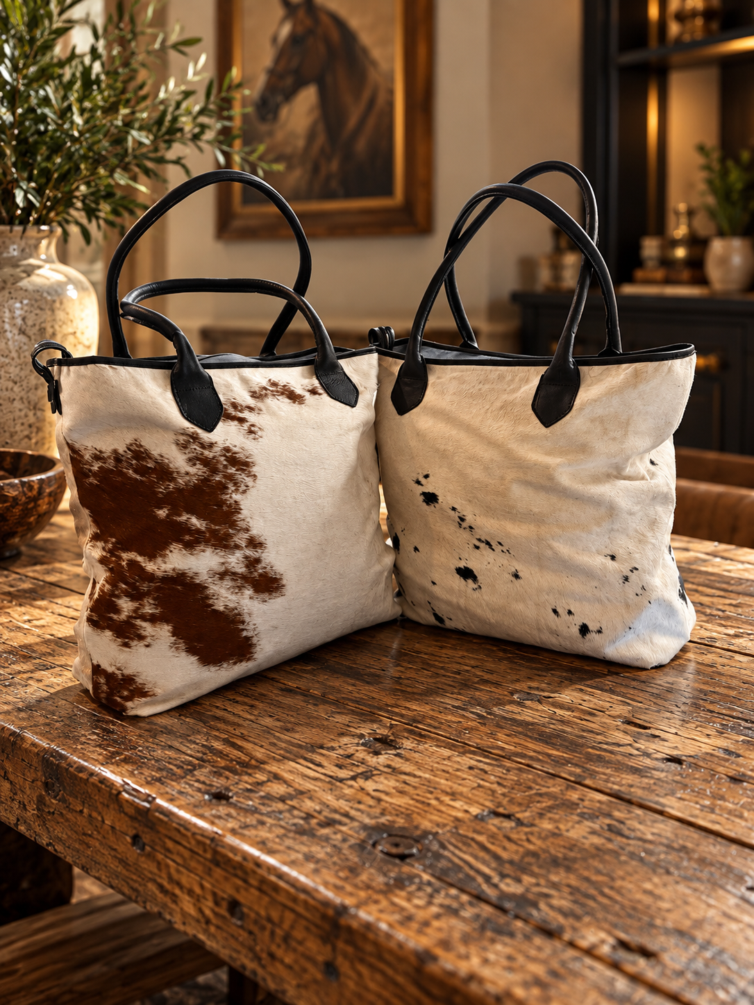 Wellington Tote - Brown & White Cowhide