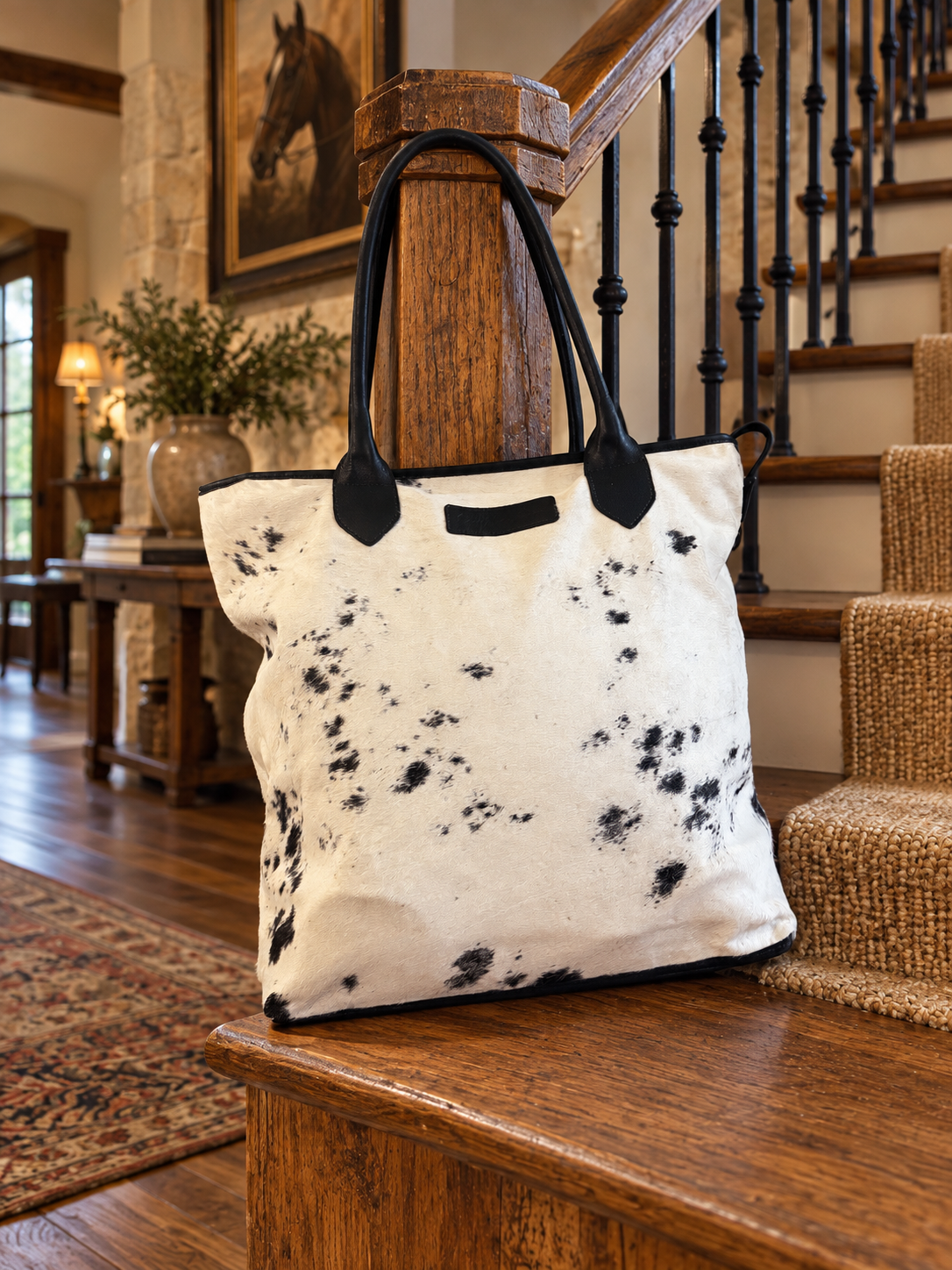 Wellington Tote - Black & White Cowhide