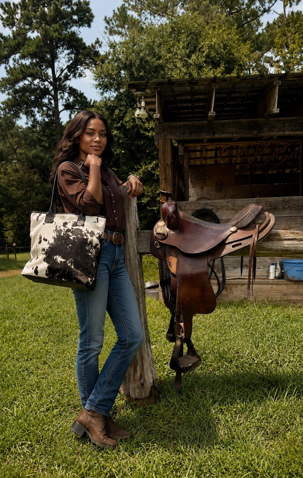 Petite Wellington Tote - Black & White cowhide