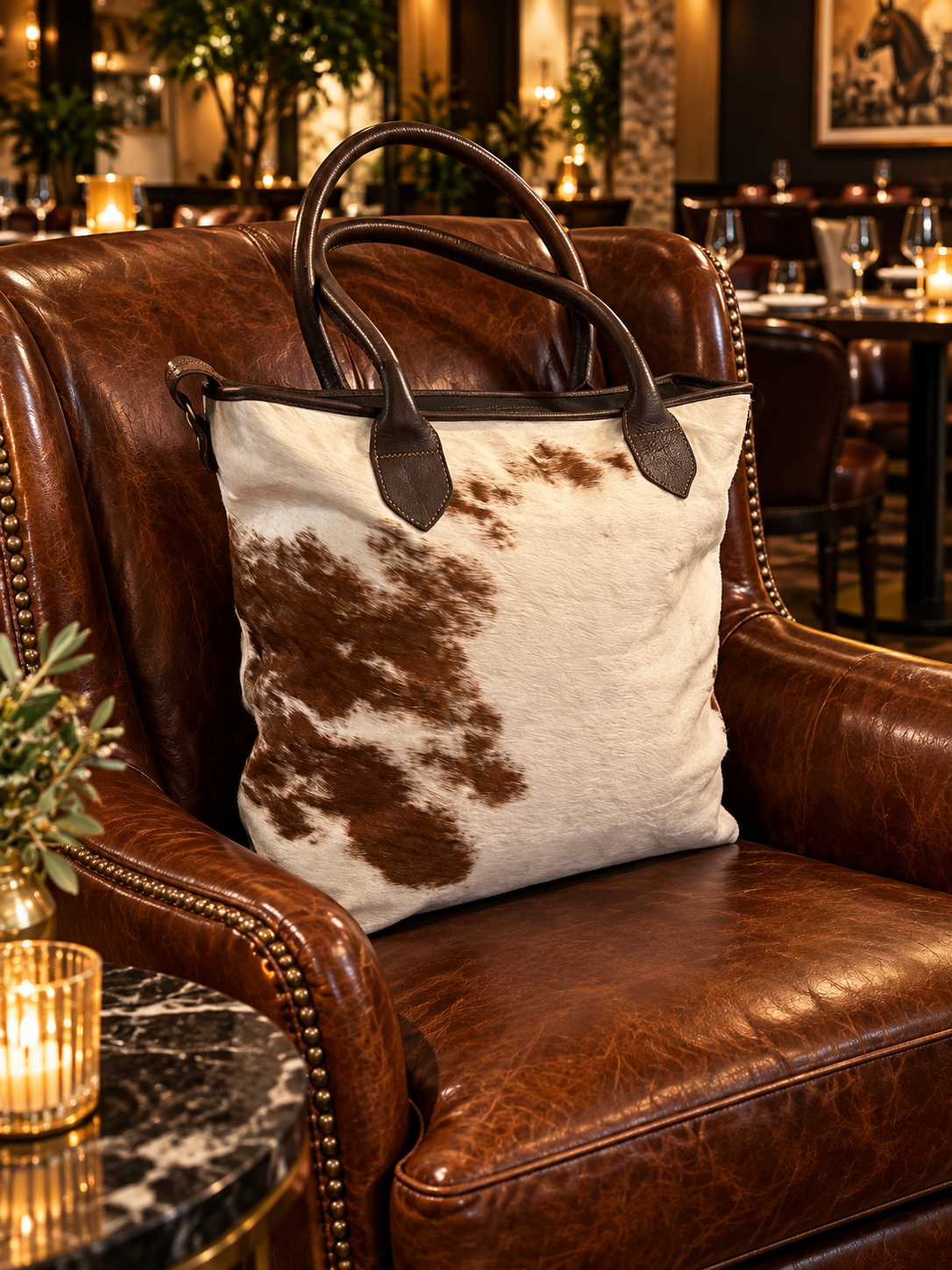 Wellington Tote - Brown & White Cowhide
