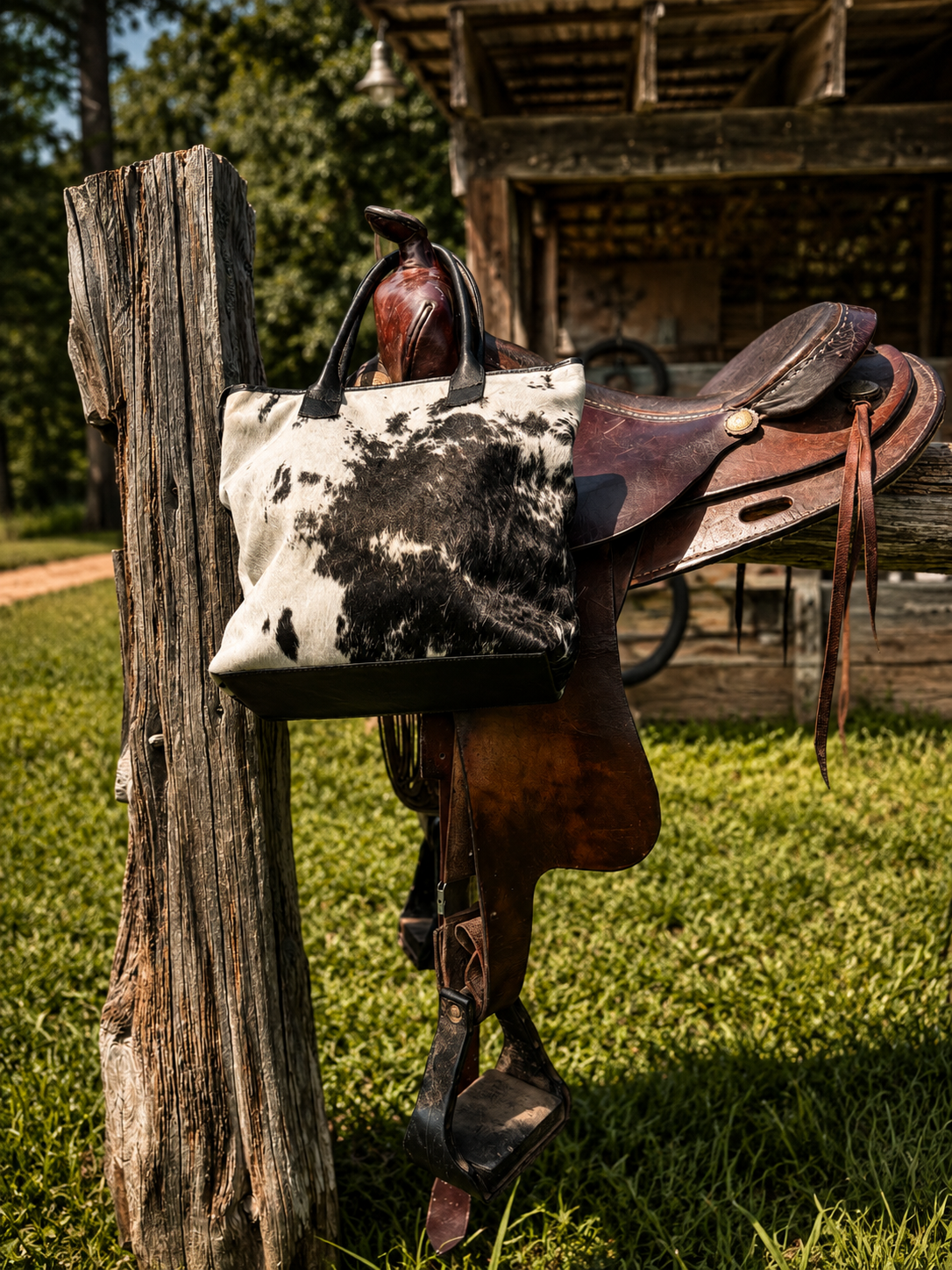 Petite Wellington Tote - Black & White cowhide
