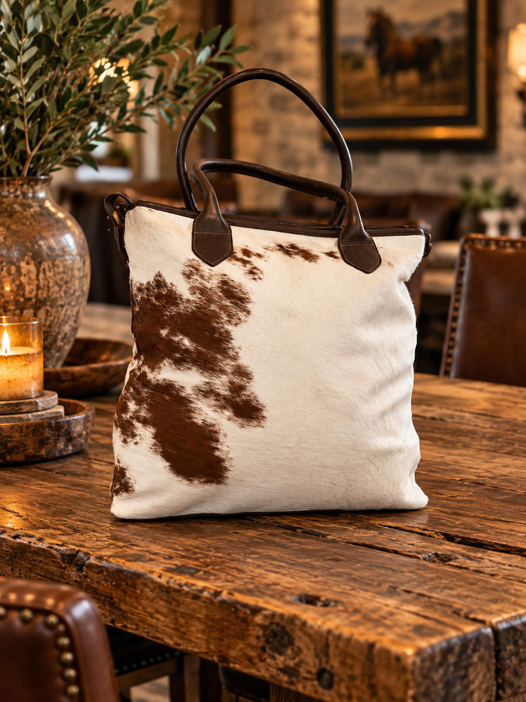 Wellington Tote - Brown & White Cowhide