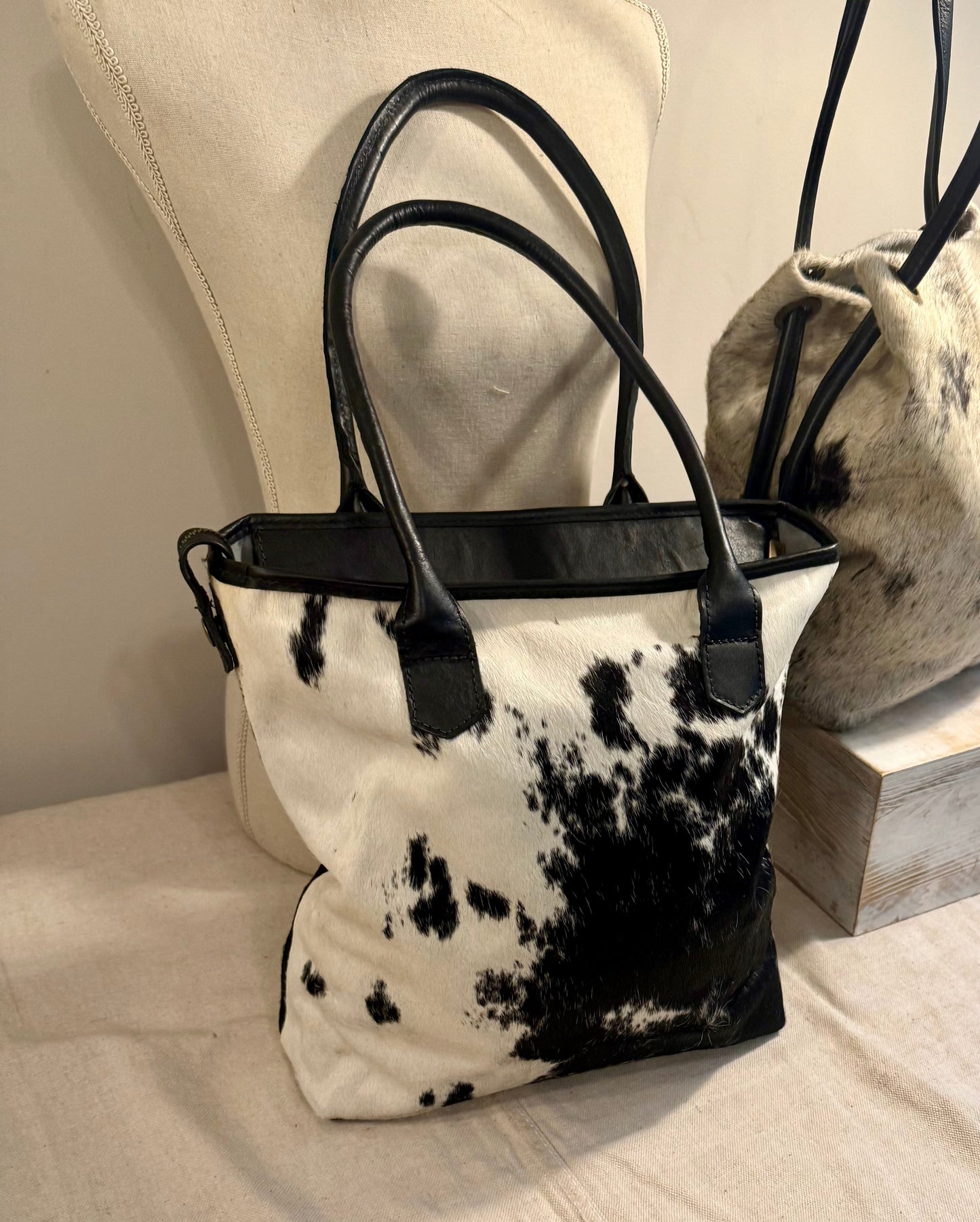 Petite Wellington Tote - Black & White cowhide