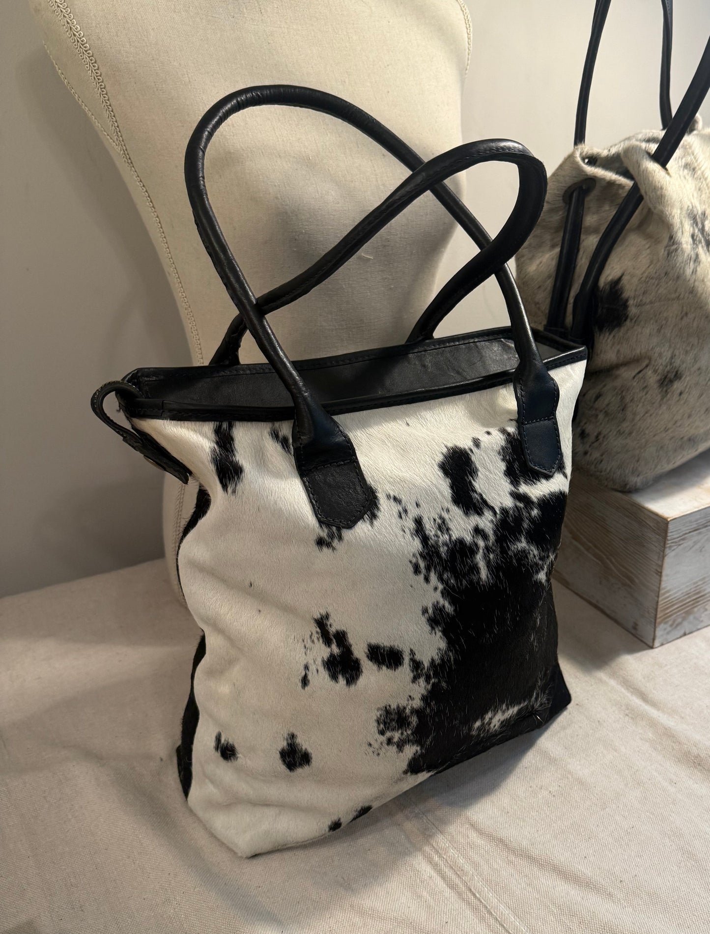 Petite Wellington Tote - Black & White cowhide