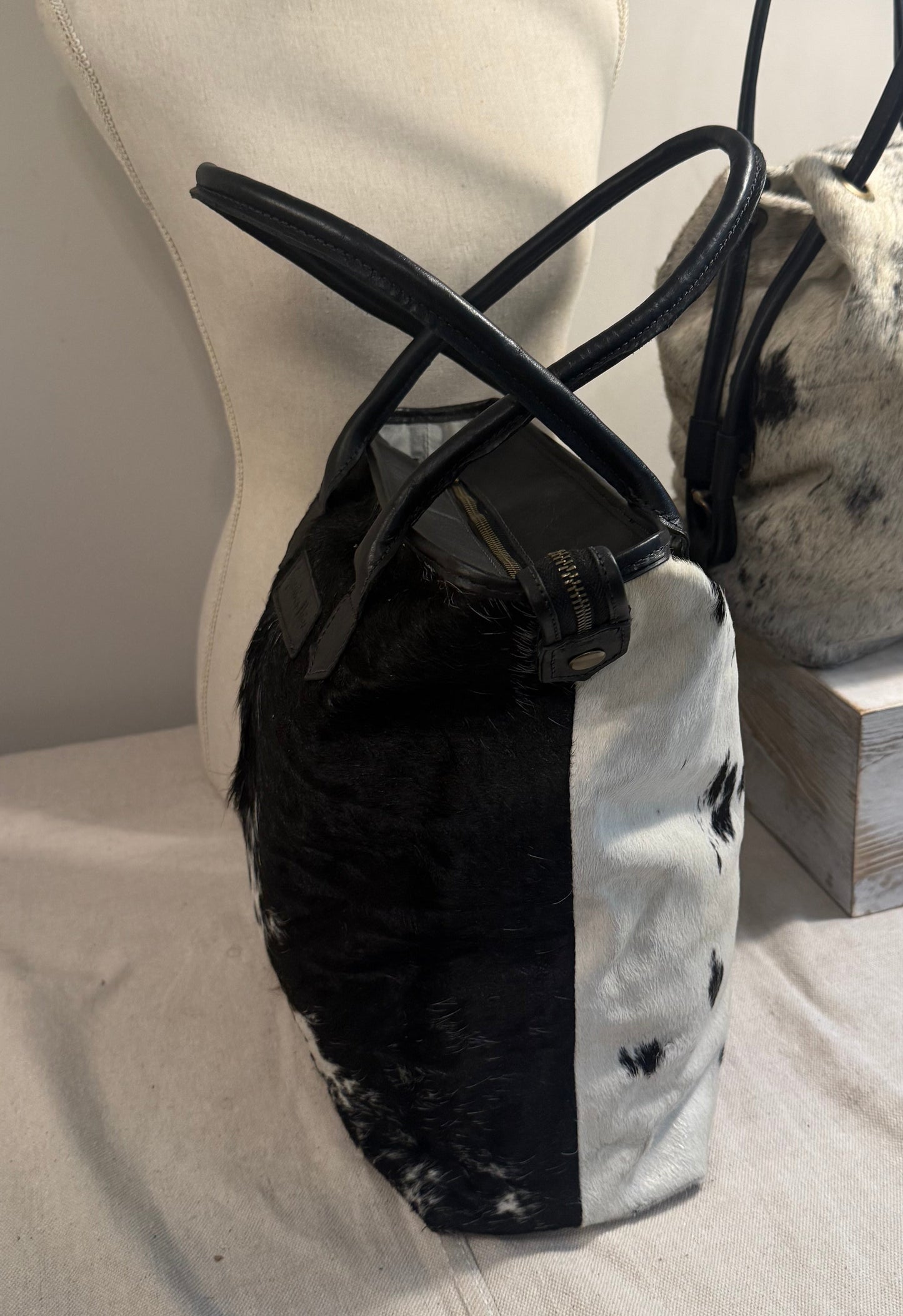 Petite Wellington Tote - Black & White cowhide