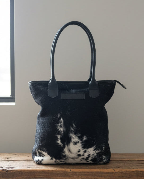 Petite Wellington Tote - Black & White cowhide