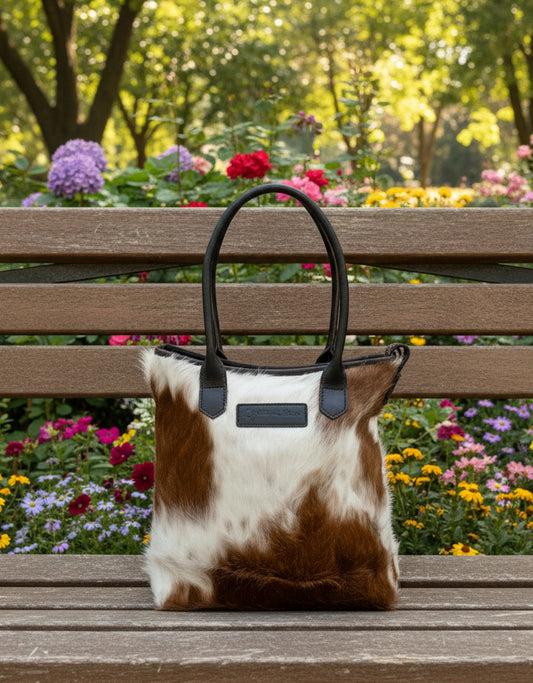Petite Wellington Tote - Brown & White cowhide