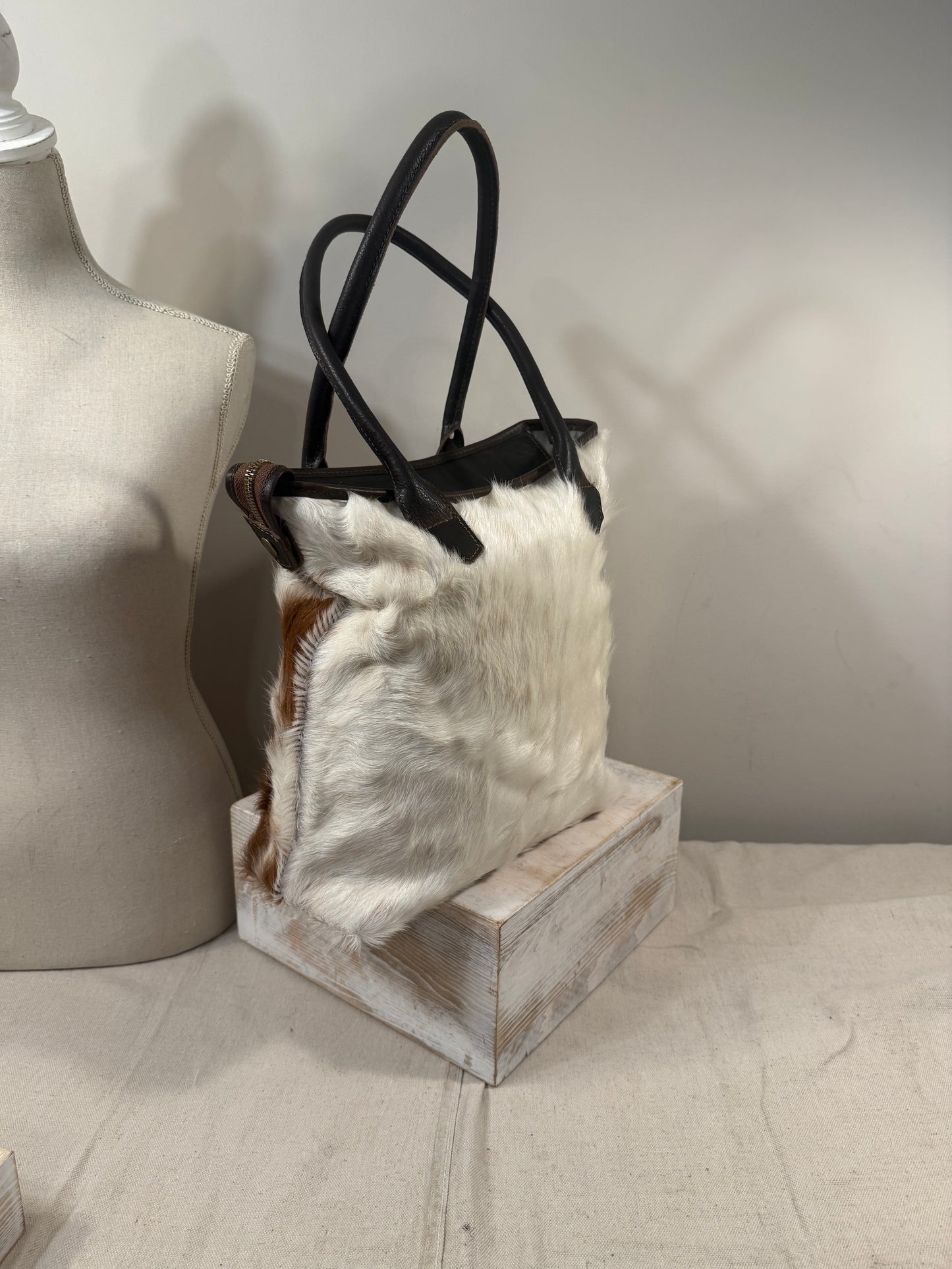 Petite Wellington Tote - Brown & White cowhide