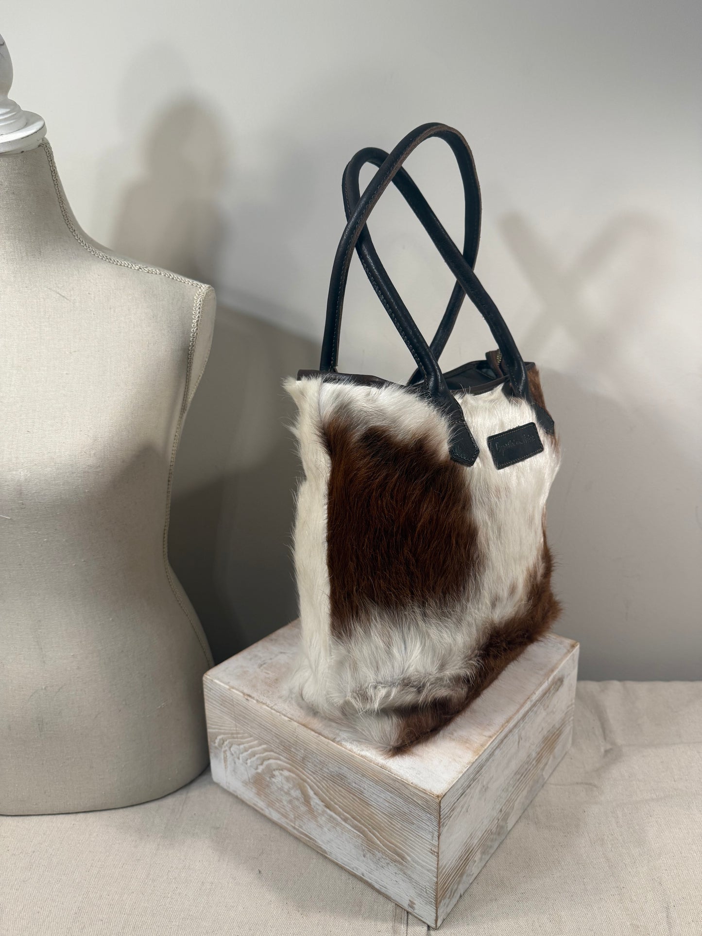 Petite Wellington Tote - Brown & White cowhide